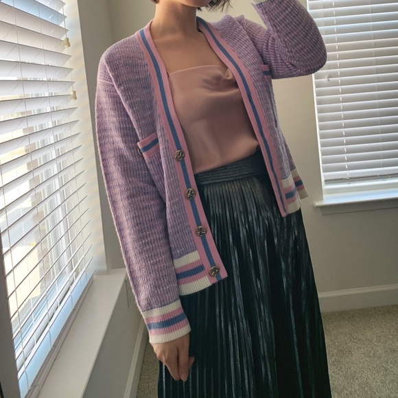 🍉Sandro Lyna Cropped Tweed Cardigan Lavender Purple Button Sweater Chanel Pink - Picture 4 of 12